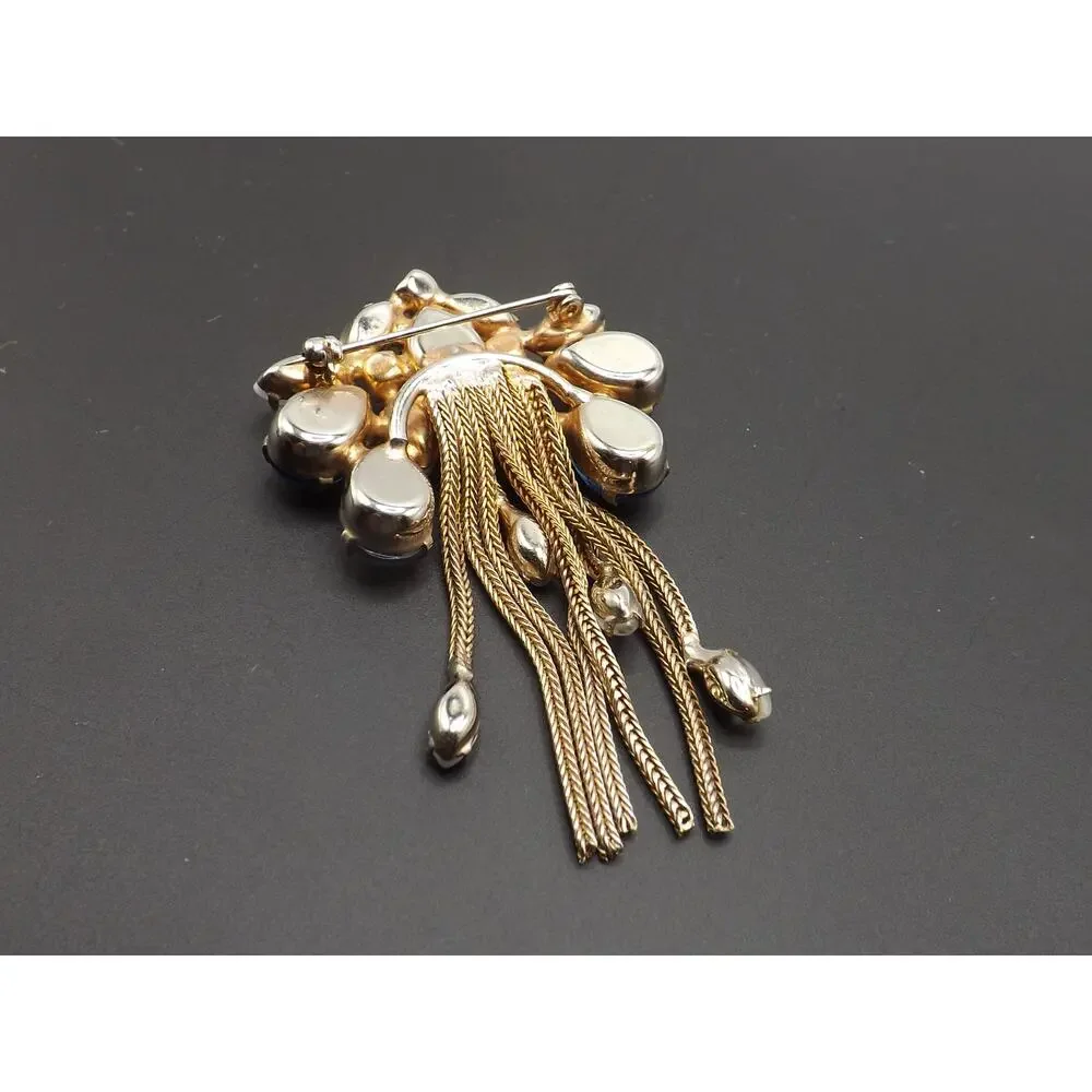 Iridescent Blue Gold Plated Fringe Brooch, White Art Glass Stones, 1960s Vintage